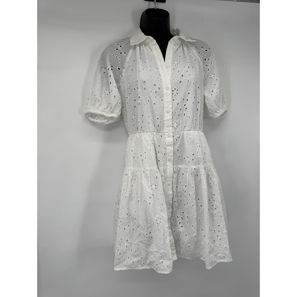 A New Day White Puff Sleeve Eyelet Cotton Dress XS cottagecore fairy boho beachy - Picture 2 of 11